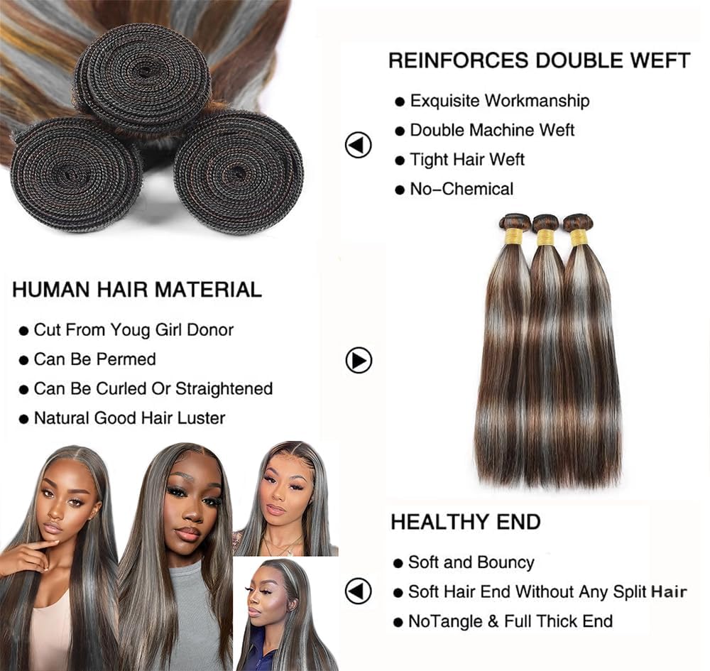 Giginger Bundles Human Hair 300g P4/GREY 12 14 16 inch Straight Wave Human Hair Bundles Highlight Chocolate Grey Unprocessed Quick Weave Soft Sewn In Hair Extensions for Black Women