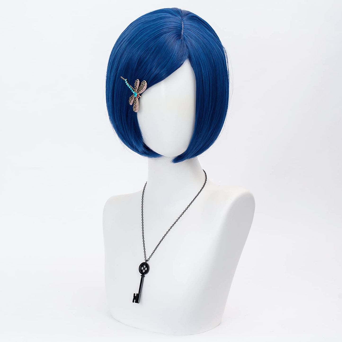 TSNOMORE Dark Blue Bob Cosplay Wig for Women Short Straight Synthetic Wig with Key Necklace and Dragonfly Hairclip, Halloween Costume Party Cosplay Wig for Aldult (A-Dark blue)
