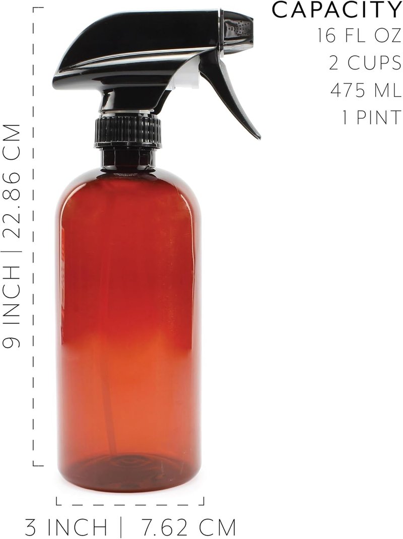 Amber Plastic Spray Bottles - 16oz Heavy Duty Mist & Stream Sprayers | 6-Pack with Chalkboard Labels, BPA-Free