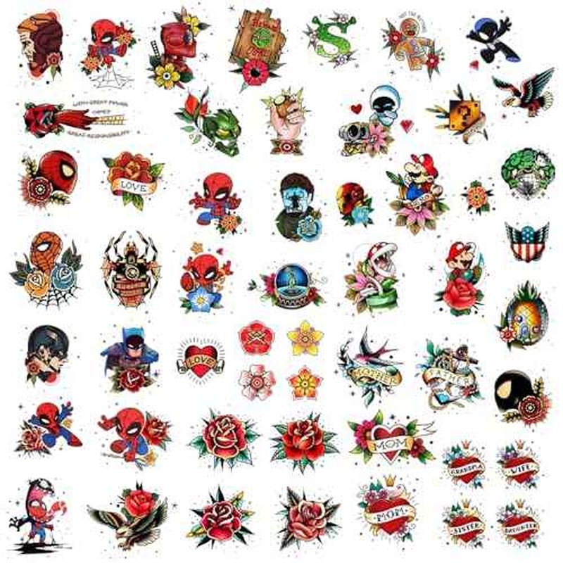53 tattoo sets,American retro tattoos,Superhero Temporary Tattoos for Kids and Adult,retro and innovative designs, beautiful small tattoos, temporary tattoos for adults and kids (53 Superhero)