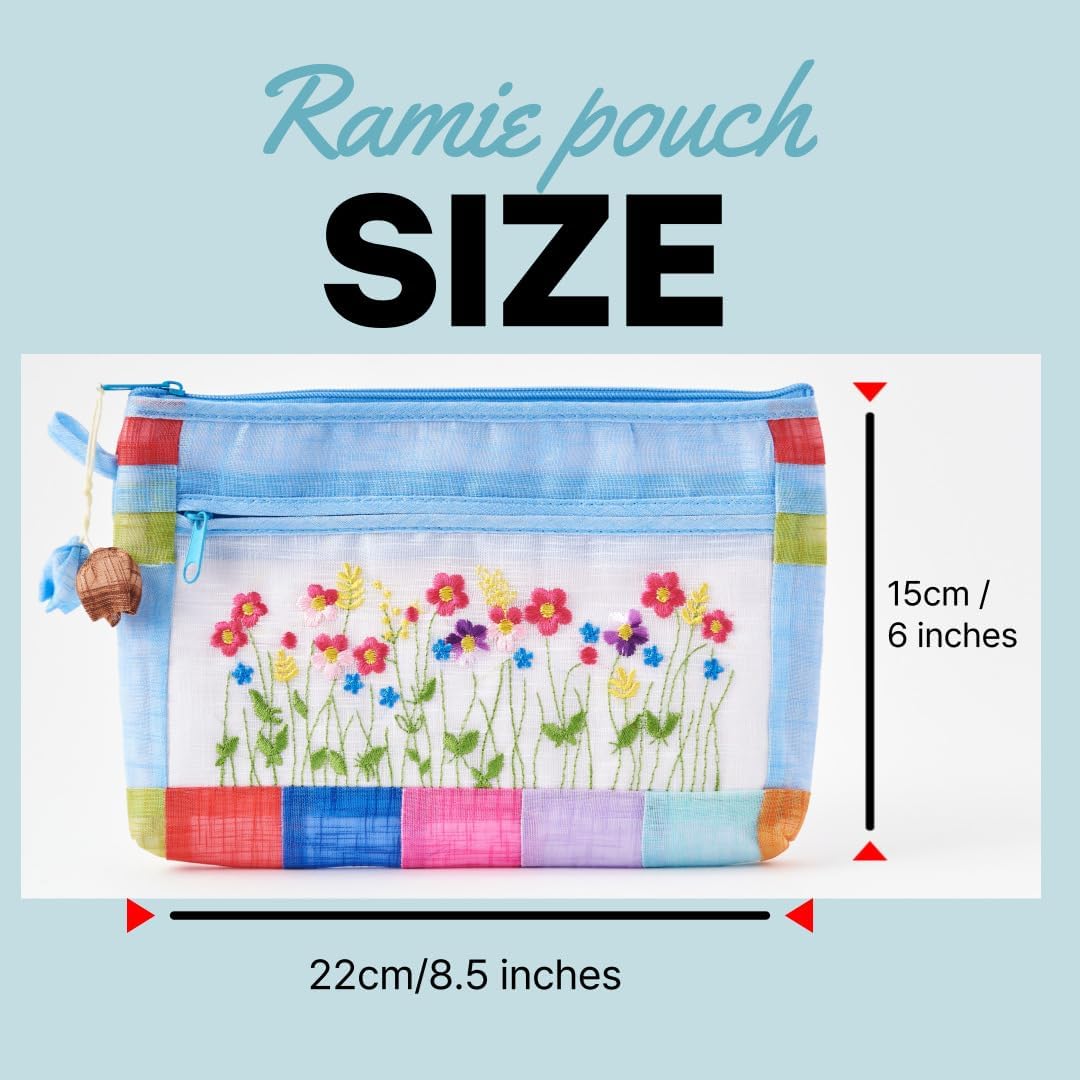 Korean Traditional Patchwork Pouch - Hand-Embroidered Floral Design | Light Blue Zippered Bag