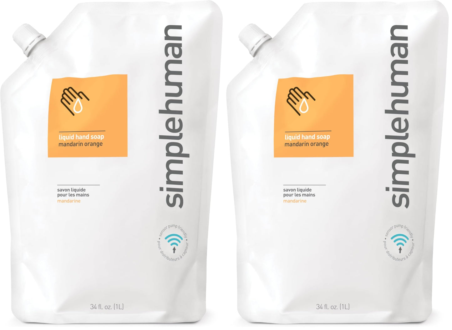 simplehuman Mandarin Orange Moisturizing Liquid Hand Soap Refill Pouch, 34 Fl. Oz. (Pack of 2)
