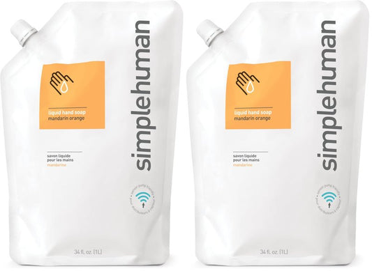 simplehuman Mandarin Orange Moisturizing Liquid Hand Soap Refill Pouch, 34 Fl. Oz. (Pack of 2)