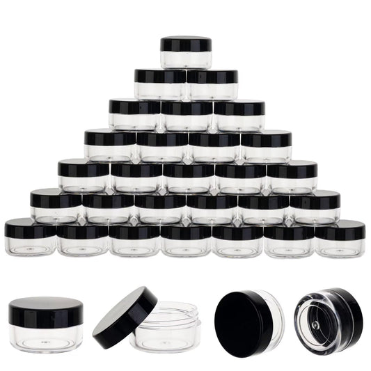 200 Count 5 Gram Sample Containers, Clear Lip Balm Containers with Lids, Small Plastic Sample Jars with 12 Mini Spoons, 200pcs Labels (Black Lid)