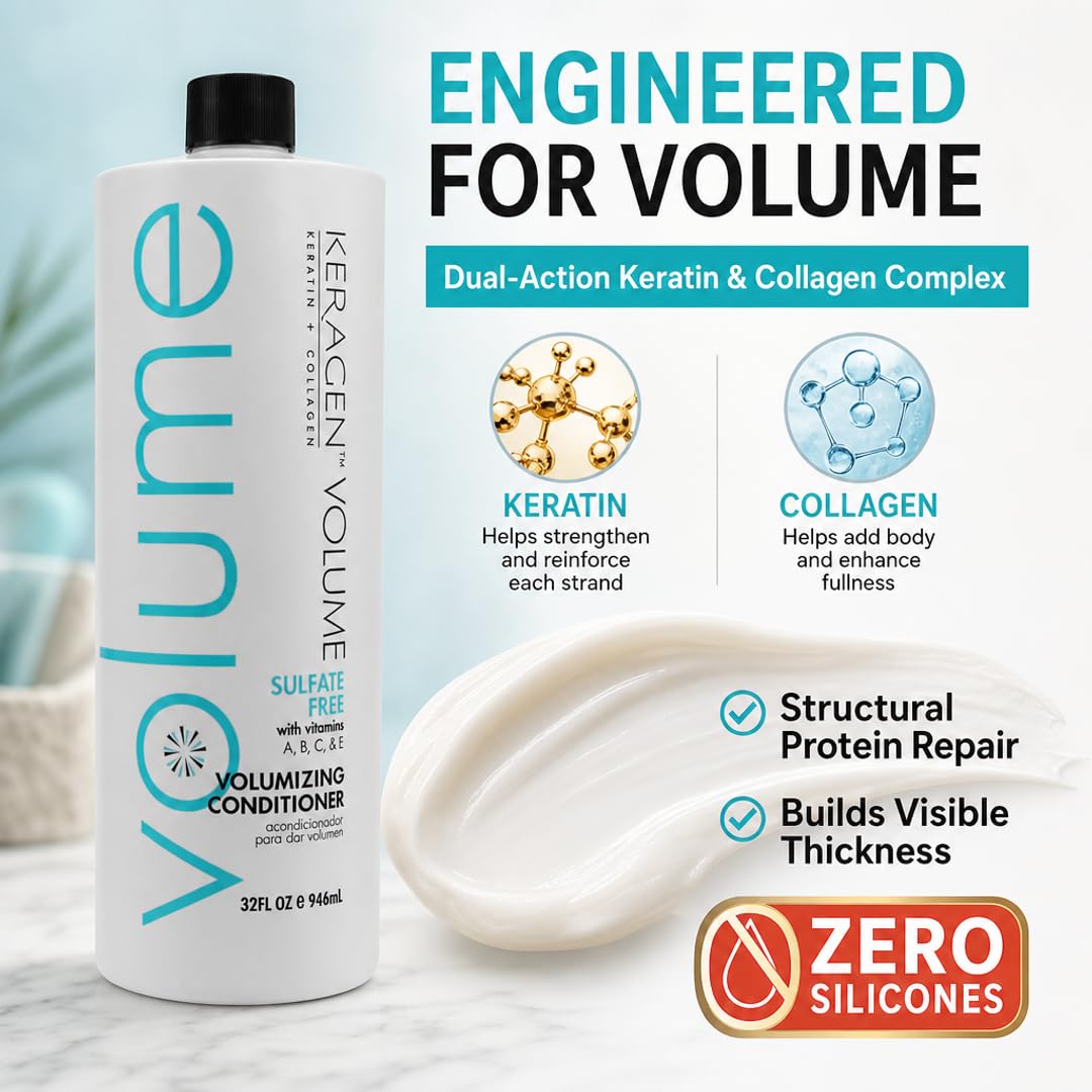 KERAGEN Volumizing Conditioner – Keratin & Collagen Matrix for Fine, Color-Treated & Chemically Processed Hair | Sulfate-Free, Paraben-Free | Panthenol, Jojoba Oil | Made in USA | 32 oz