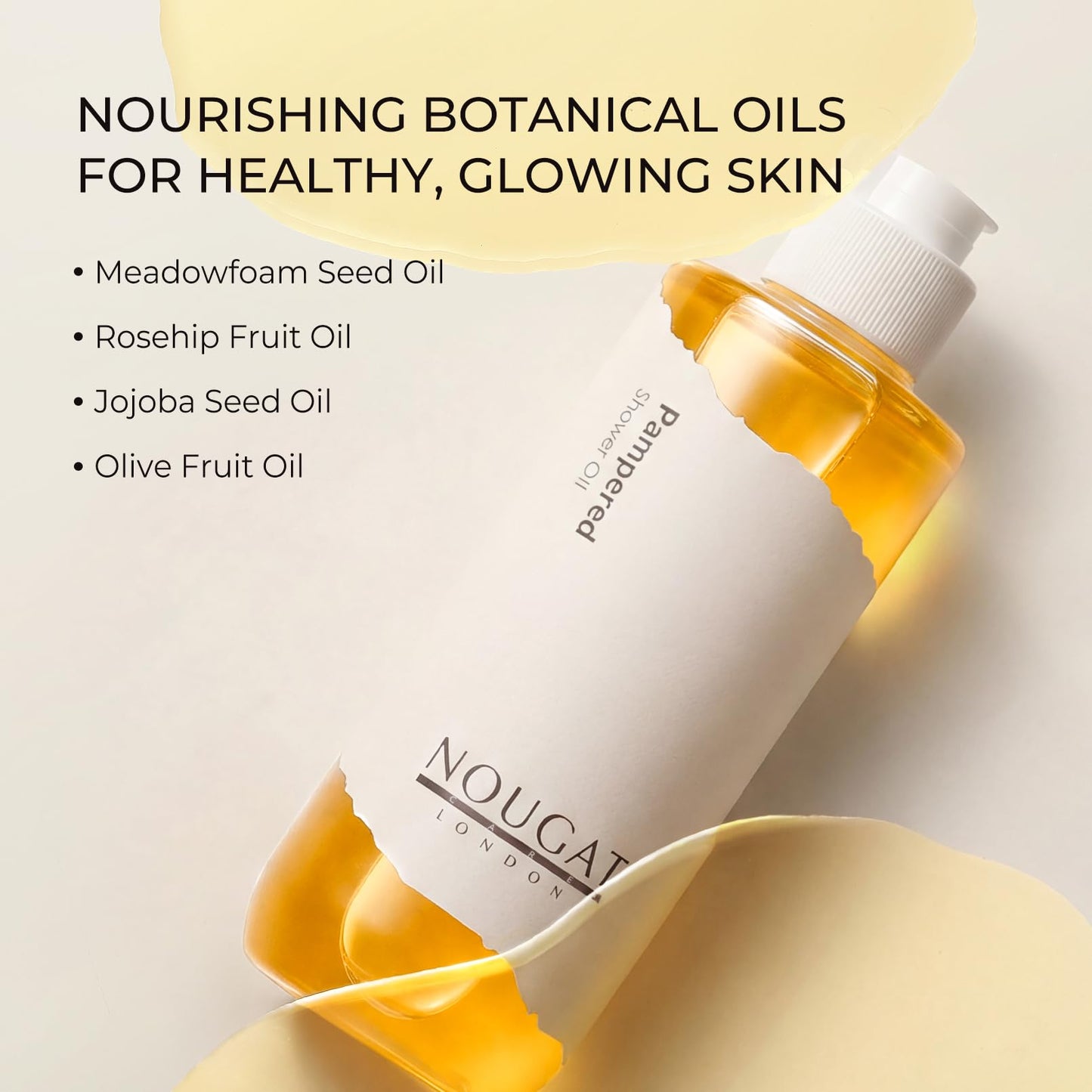 NOUGAT Pampered Shower Oil for Daily Bath Routine, Transforming Oil-to-Milk Body Cleanser for Makeup & Sunscreen Removal, Hydrating Botanical Wash for Dry Skin Relaxation at Home, Exotic Scent, 372g