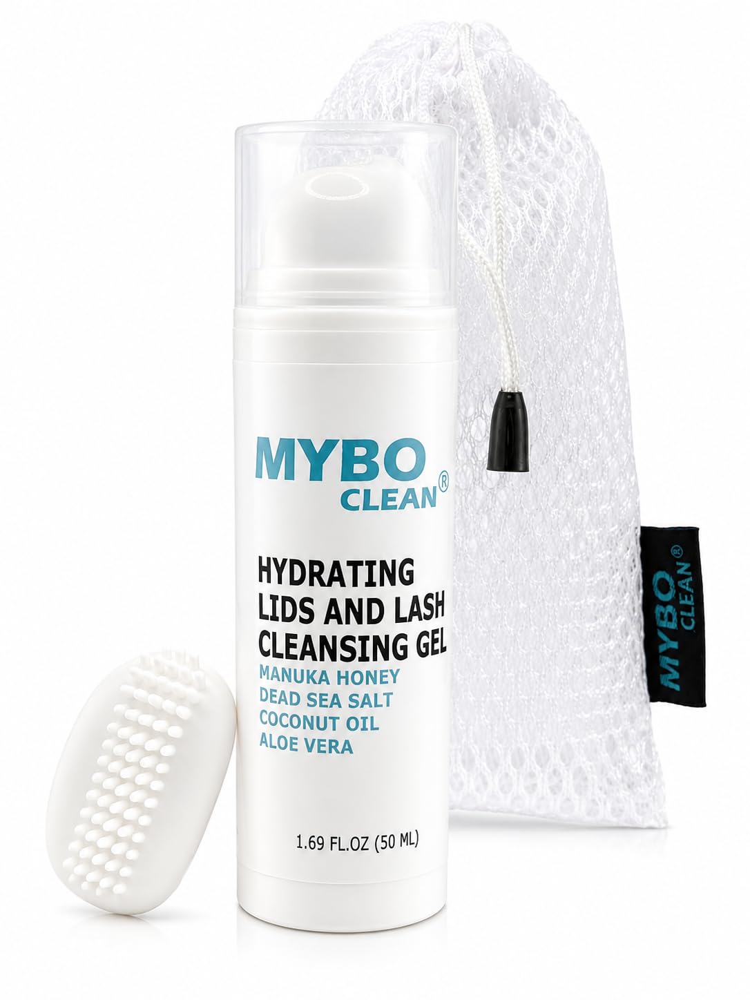 Mybo Clean Eyelid Cleansing Brush for Sensitive Skin (1 Pc) + Hydrating Lids and Lash Cleansing Gel (1Pc) + Travel Bag Ideal for Gentle Cleansing of the Eyelids On the Go