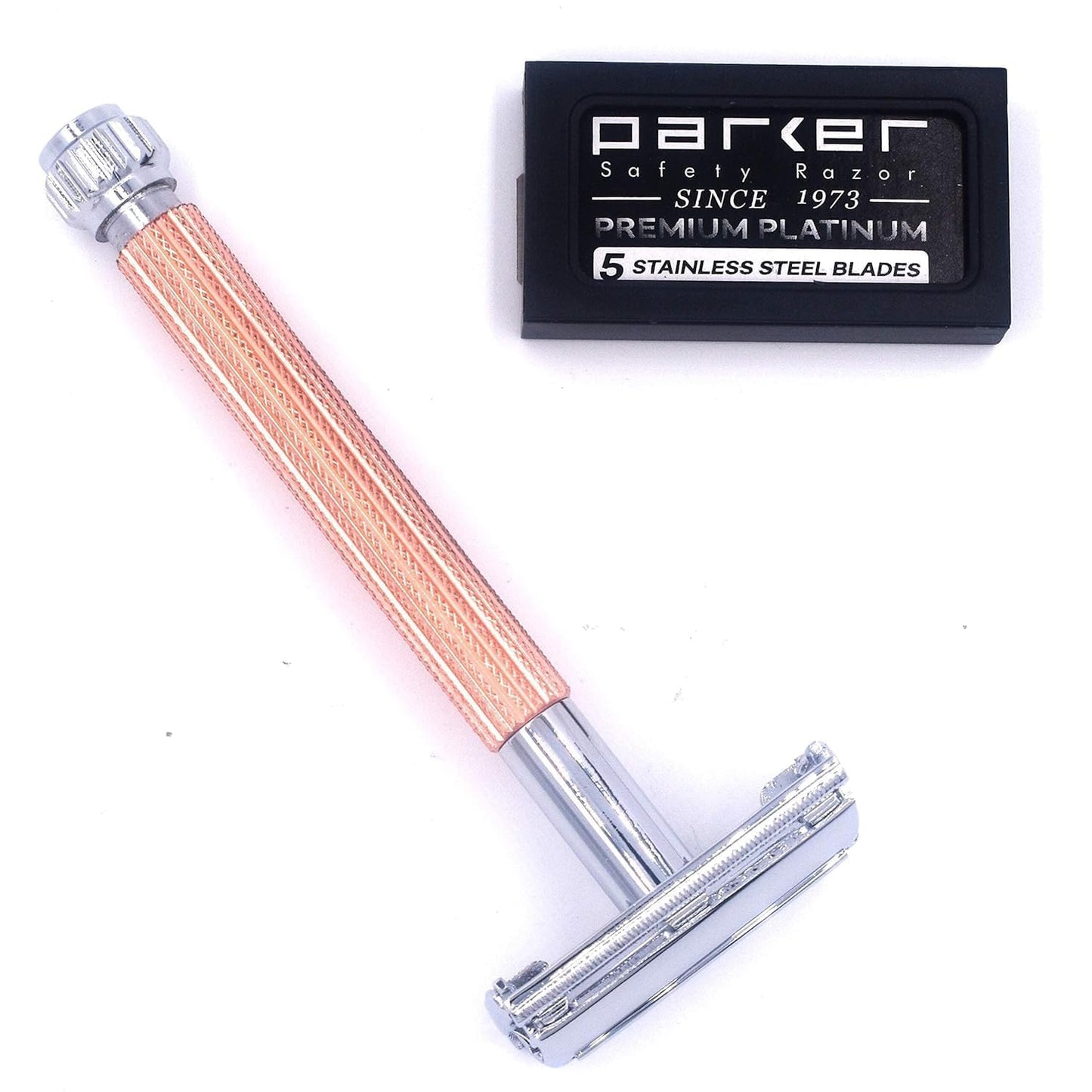 Parker 29L Rose Gold, Long Handle Butterfly Open Double Edge Safety Razor for Men & Women, 5 Parker Premium Platinum Double Edge Razor Blades Included