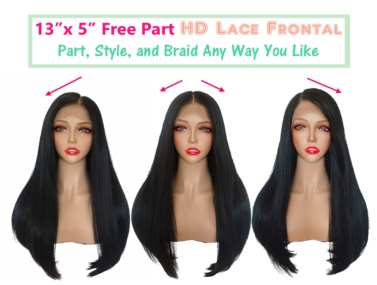 Joe Green 13x5" Free Part HD Lace Frontal Wig Synthetic Pre-Plucked Hair Straight (13x5 Natural Black Long Straight)