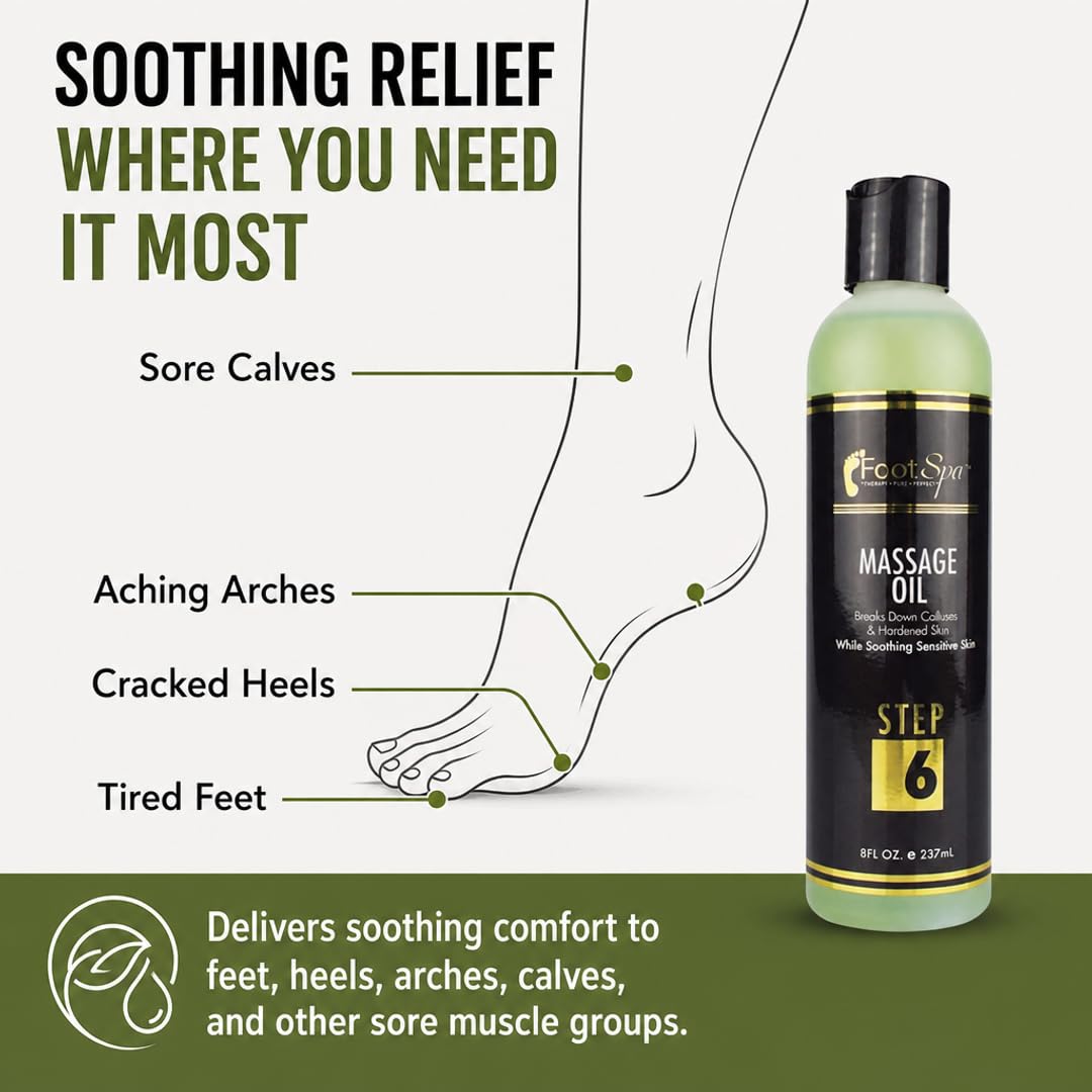 Foot SPA Pedicure Massage Oil – Tea Tree, Peppermint & Eucalyptus Blend for Callus Softening & Cracked Heel Repair | Cooling Relief | Professional Salon & At-Home Use | 8 oz