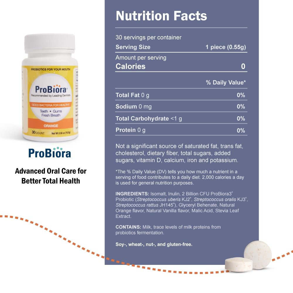 ProBiora Oral-Care Chewable Probiotic Tablets | Probiotic Supplement for Women & Men | Healthier Teeth & Gums | Fresher Breath | Whiter Teeth | 30 Count | Pack of 2 | Orange