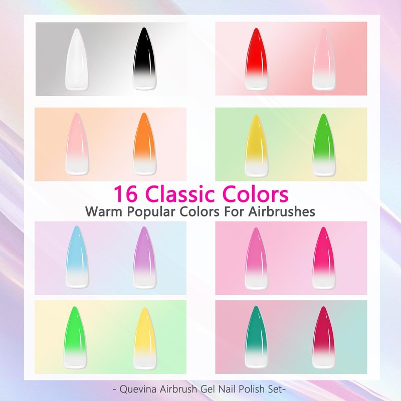 QUEVINA 16 Colors Airbrush Gel Nail Polish Set – Safe, Odorless Formula for Stunning Baby Boomer Nail Art – No Dilution Needed, Long-Lasting & Vibrant Shades 16X15ml