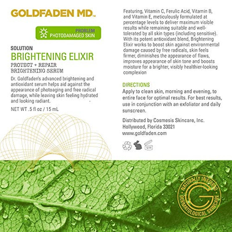 GOLDFADEN MD Brightening Elixir | Serum w/Vitamin C, Ferulic Acid, Vitamin B & Vitamin E | Helps Aid Against The Appearance Of Photoaging | Leaves Skin Feeling Hydrated & Looking Radiant .5 fl oz