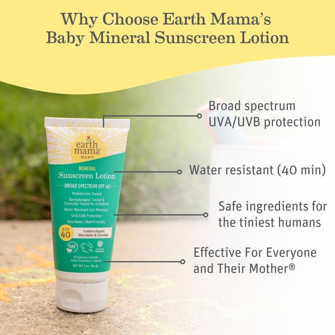 Earth Mama Baby Mineral Sunscreen Lotion SPF 40-3 oz - Non-Nano Zinc - Broad Spectrum for Babies, Kids & Family - Water Resistant Sun Protection