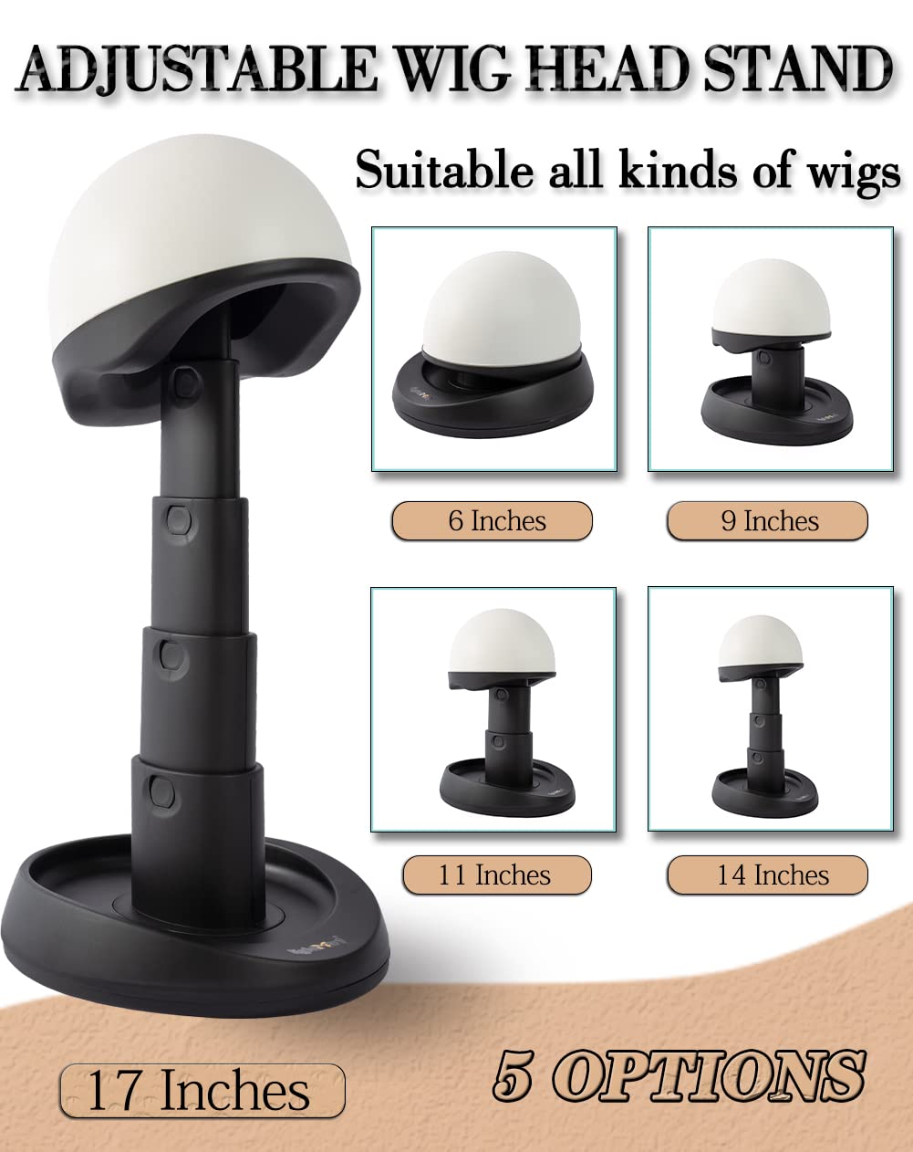 lightmay Adjustable Collapsible Wig Stand for Wigs & Hats, Black & White
