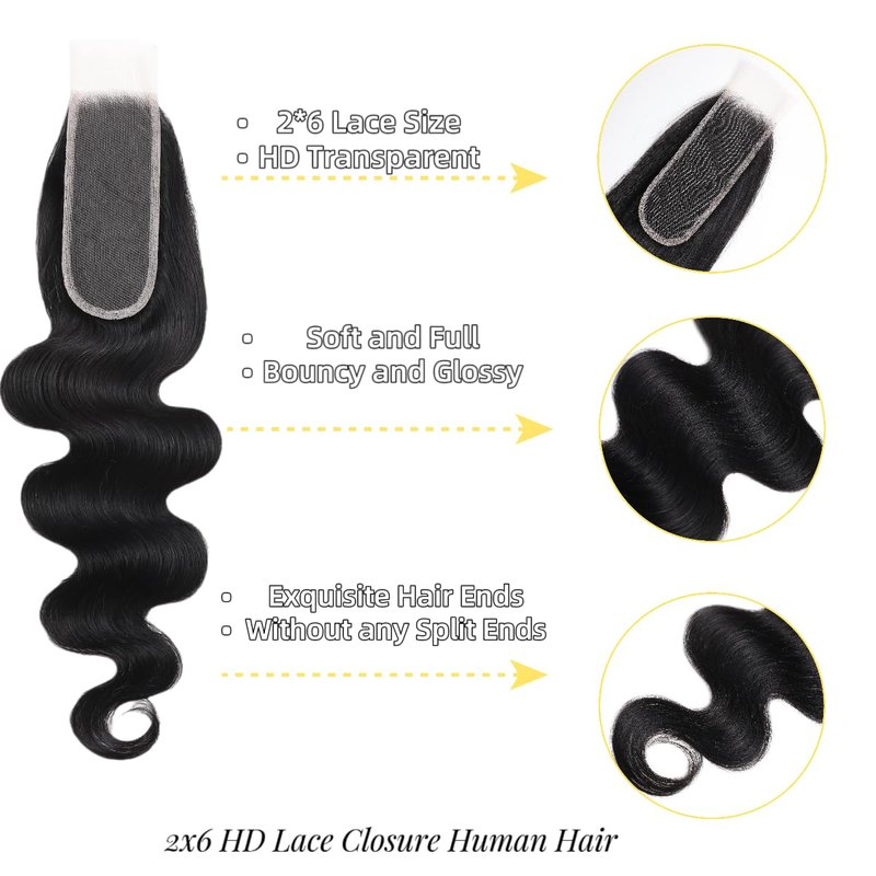 2x6 HD Lace Closure Body Wave Human Hair Transparent 2 by 6 HD Lace Closure 18Inch 100% Brazilian Virgin Unprocessed Middle Part Human Hair Kim K Closure With Baby Hair Natural Color