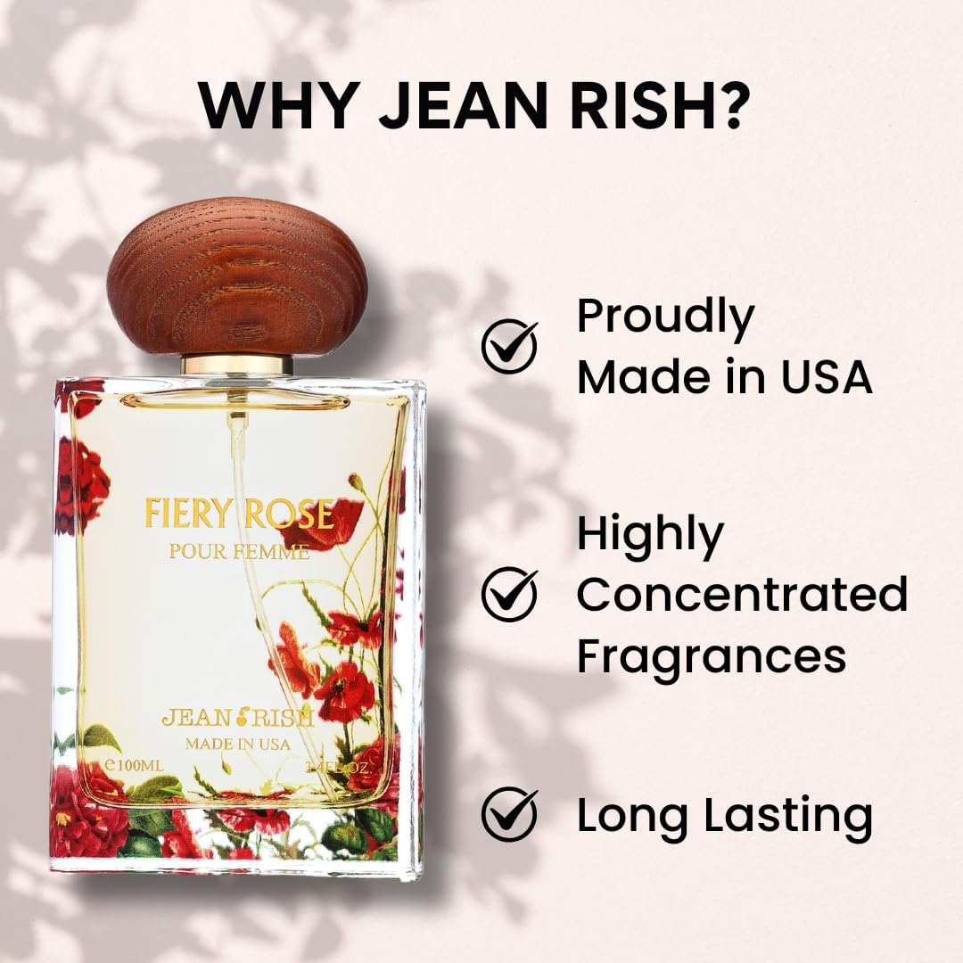 Jean Rish Fiery Rose Perfume for Women Eau De Parfum, Long-Lasting Luxury Fragrance, Made In USA - Rose, Peony, Peach, Musk, Sandalwood Scent - 100ml / 3.4 oz