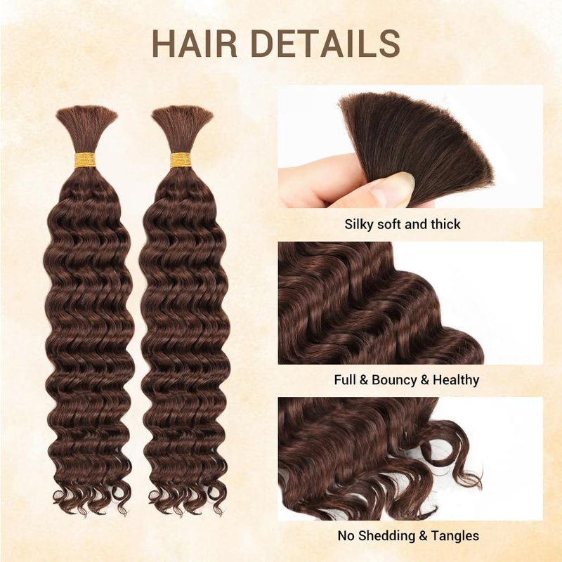 Human Braiding Hair - 10A Brazilian Virgin Deep Wave for Boho Knotless Braids | 2 Bundles, 16 Inches, Medium Brown