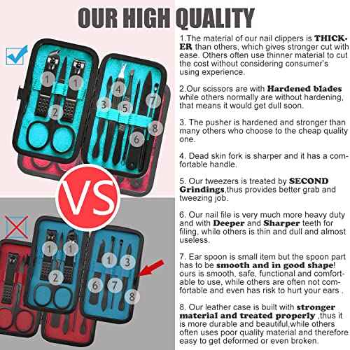 Manicure Set 9 in 1 Stainless Steel, Nail Clippers Scissors Pedicure Tools Kit - Portable Travel Grooming Kit for Men and Women with Black/Blue Leather Case (Blue)