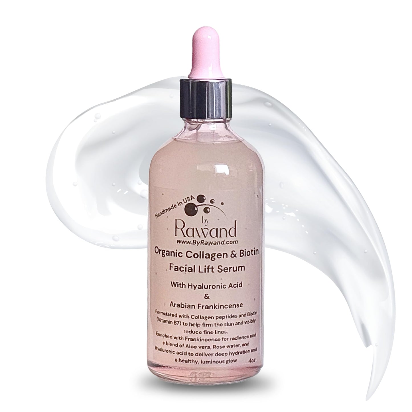 Collagen & Biotin Face Serum – 4oz Organic Handmade Facial Lift with Hyaluronic Acid, Rose Water, Peptides & Frankincense - Oil Free overnight hydration