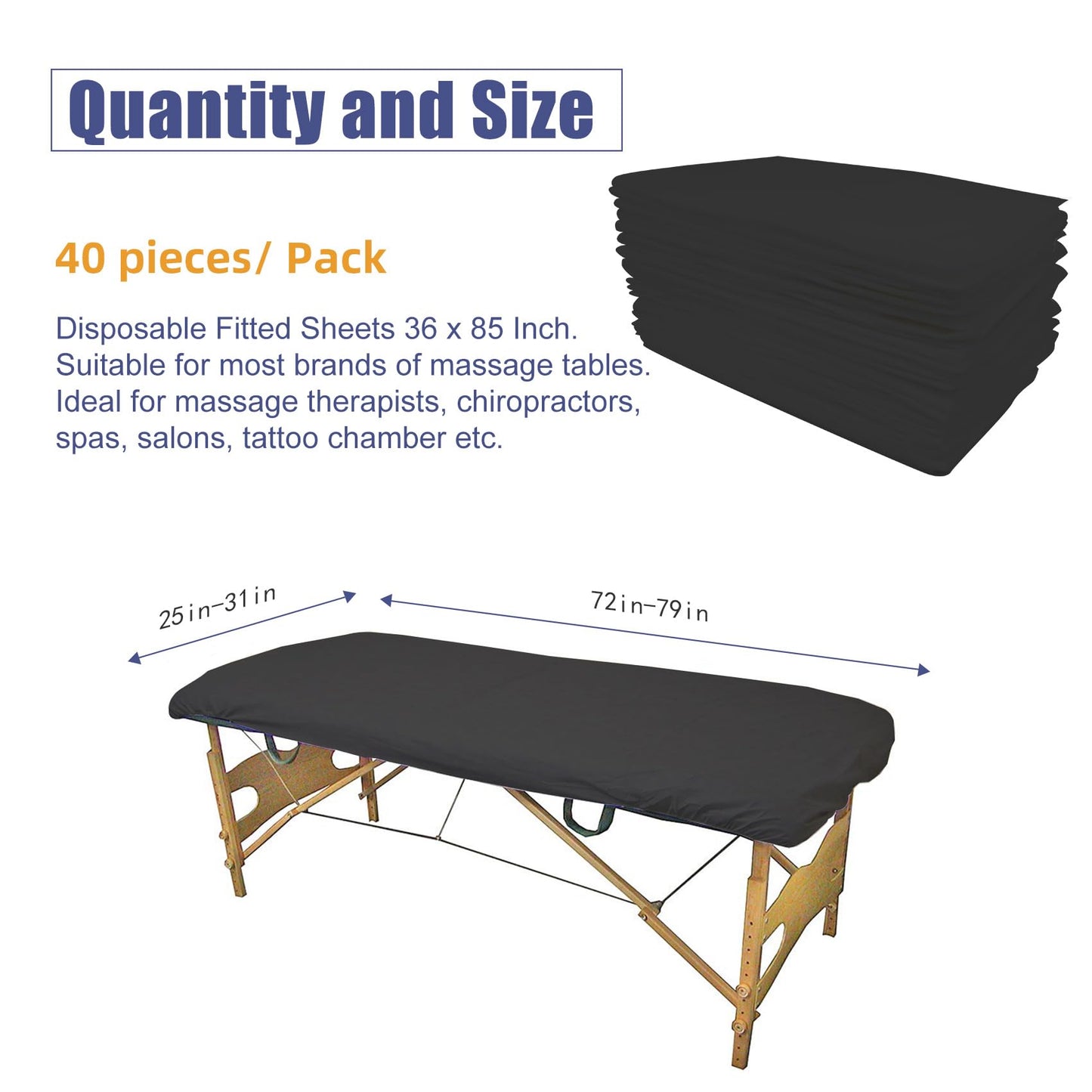 40PCS Disposable Fitted Massage Table Sheets, Heavy Duty Elastic Disposable Bed Cover, Breathable Disposable Fitted Sheets for Spa Black Non Woven Fabric 36 x 85 Inch