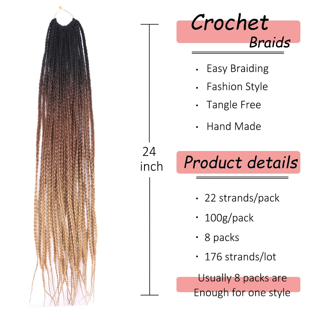 8 Packs Goddess Crochet Box Braids Pre looped Box Braids Crochet Hair for Black Women 24 Inch Knotless Ombre Honey Blonde Senegalese Twist End Box Braided Crochet Braiding Hair Extensions(T1B/4/27#)