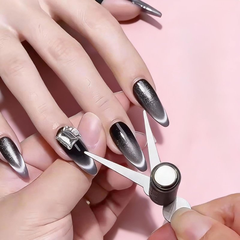 WOKOTO 2 PC Strong Magnetism Cat Eye Magnets With 9 Pcs Iron Stencils For Nails, Cylinder & Rectangular Bar Nail Magnet With Rubber Cover, French Smile Line, Heart And Bunny Stencils Magnet Tools Set