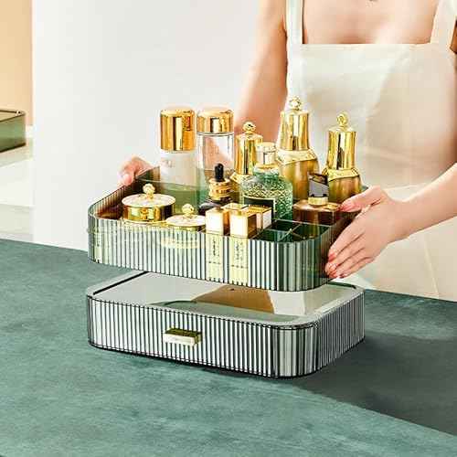 Makeup Organizer with Stackable Drawer, Large Capacity Vanity Organizer for Dresser Bathroom Countertop, Cosmetics Organizer and Display Case for Skincare, Perfume, Makeup Brushes, Lipsticks, Green