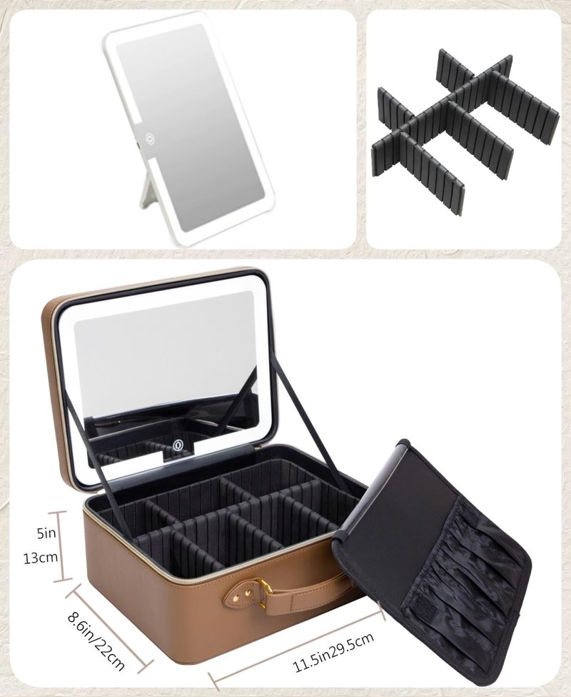 ZhenGuiRu Travle Makeup Bag with LED Mirror, Makeup Train Case with Light Up Mirror, Portable Waterproof Makeup Organizer with Adjustable Dividers, Cosmetic Brush Holder Storage for Women Gift