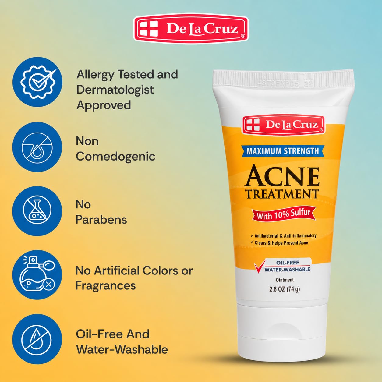 De La Cruz Sulfur Ointment - Cystic Acne Treatment for Face and Body - Daily 10 Min Spot Treatment Mask - Safe and Effective Game Changing Hormonal Acne Treatment that Clears Up Pimples - 2.6 OZ Tube