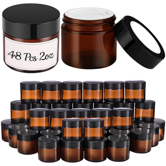 2 oz Glass Jars with Lids, 48 Pack Small Amber Glass Jars with Black Lids