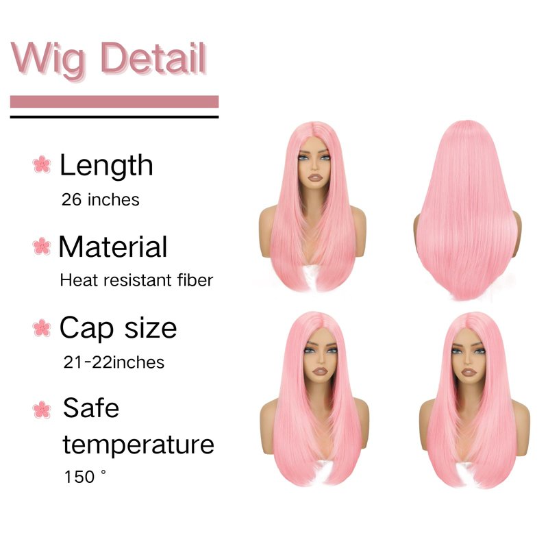 Kmzbasg Light Pink Lace Front Wig for Women Pre-Plucked Pre Cut Glueless Long Straight Layered Synthetic Ready to Wear Wig 4x6 HD Lace for Girls Party Cosplay and Daily Use 26 Inch
