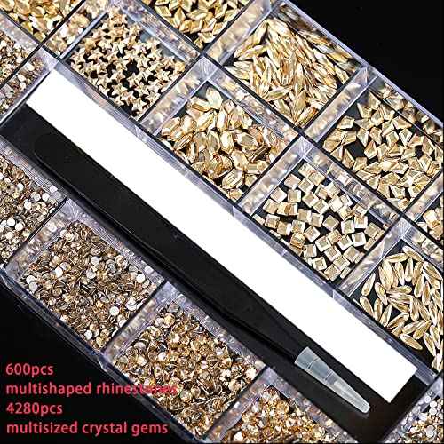 4880Pcs Champagne Rhinestones for Nails, Gold Crystal Nail Rhinestones Round Beads Flatback Glass Gems Stones, Multi Shapes 3D Nail Crystals for Nail Art DIY Crafts Clothes Shoes Jewelry