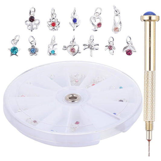 Nail Piercing Tool Kit - 24Pcs Dangle Nail Charms Set | Portable Hand Drill for Acrylic Art & DIY Designs