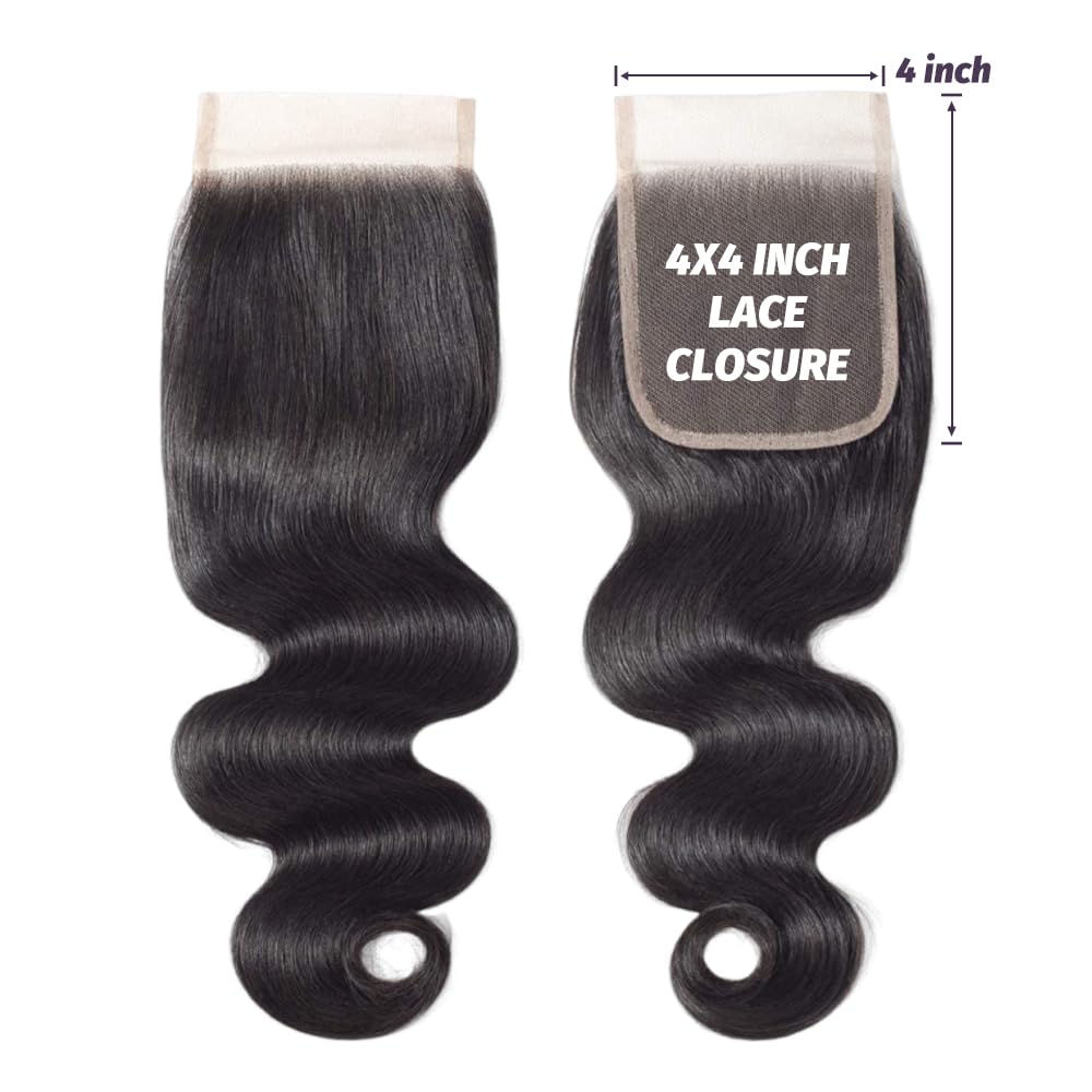 4x4 Lace Closure Human Hair Body Wave HD Lace Closure 20 Inch 100% Brazilian Virgin Human Hair Extensions 150% Density Pre Plucked Natural Black Color