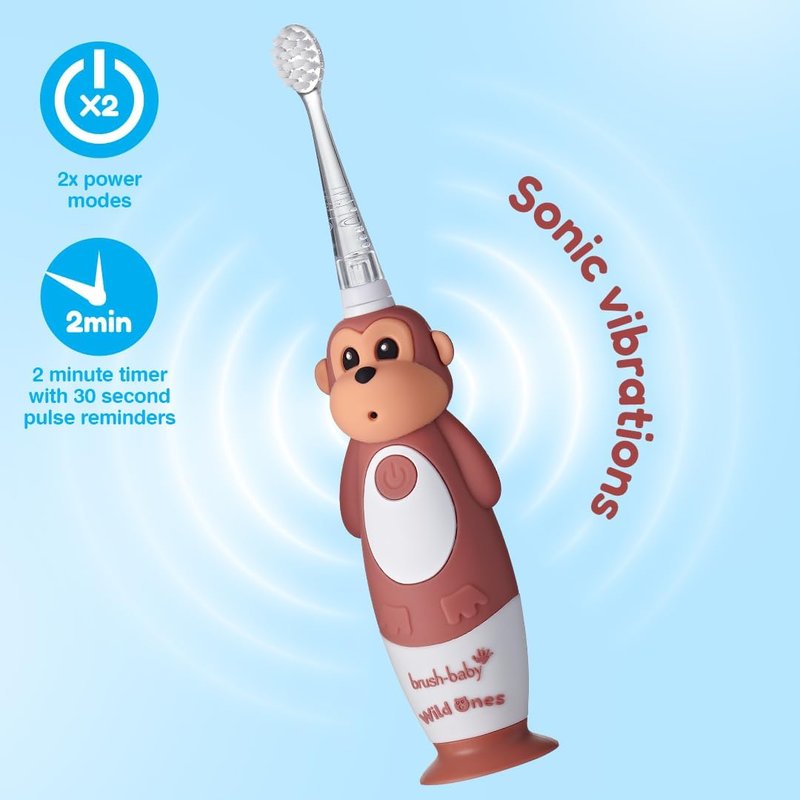 BrushBaby Kids Electric Toothbrush - Rechargeable Monkey Design with Flashing Lights | Deep Clean Bristles, Ages 0-10, 2 Heads