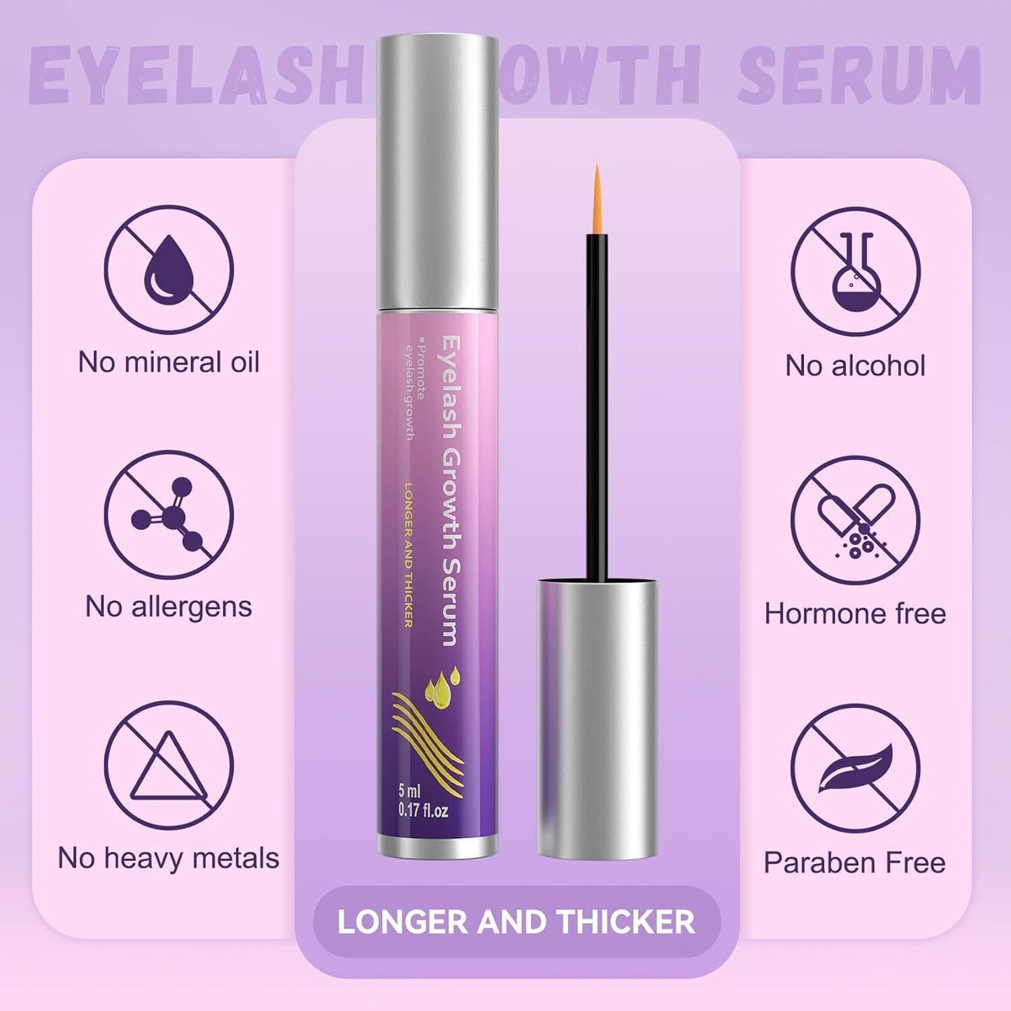 Lash Growth Serum - Gentle Daily Nourishing Treatment for Longer Thicker Fuller Lashes - Vegan Cruelty-Free Sensitive Eyes Safe (5ml)