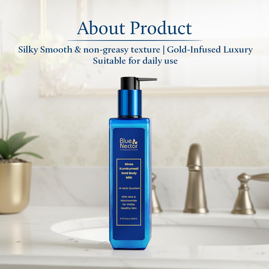 Blue Nectar Gold Body Milk for Women & Men | Body Lotion with Plant Based AHA & Niacinamide | Moisturizer for Body | All Skin Types (14 Herbs, 6.76 Fl Oz)