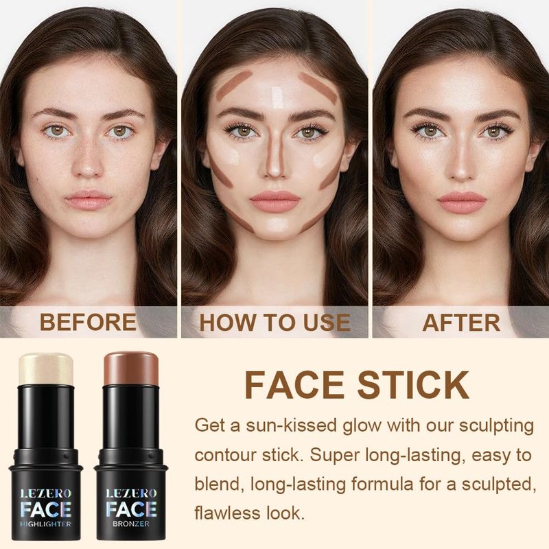 2Pcs Contour Stick with Brush Set, Highlighter and Bronzer Face Stick for Face Shaping, Long Lasting Waterproof Silky Cream Contouring Stick for Sculpt the Face, Non-Greasy Formula (8#、#14, Brush)