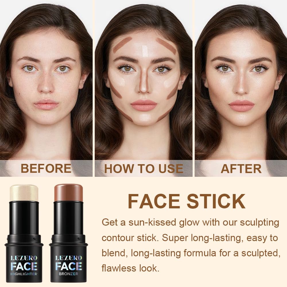 2Pcs Contour Stick with Brush Set, Highlighter and Bronzer Face Stick for Face Shaping, Long Lasting Waterproof Silky Cream Contouring Stick for Sculpt the Face, Non-Greasy Formula (8#、#14, Brush)