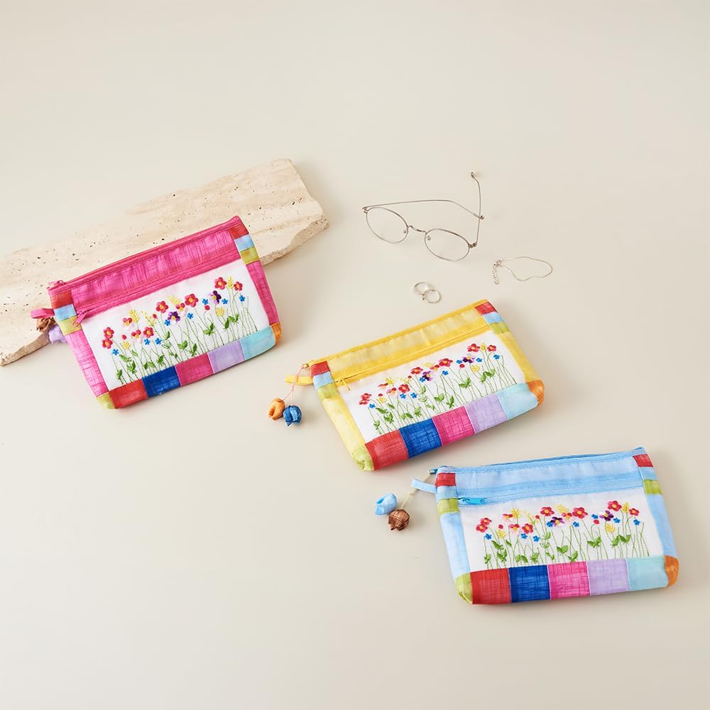 Korean Traditional Patchwork Pouch - Hand-Embroidered Floral Design | Light Blue Zippered Bag