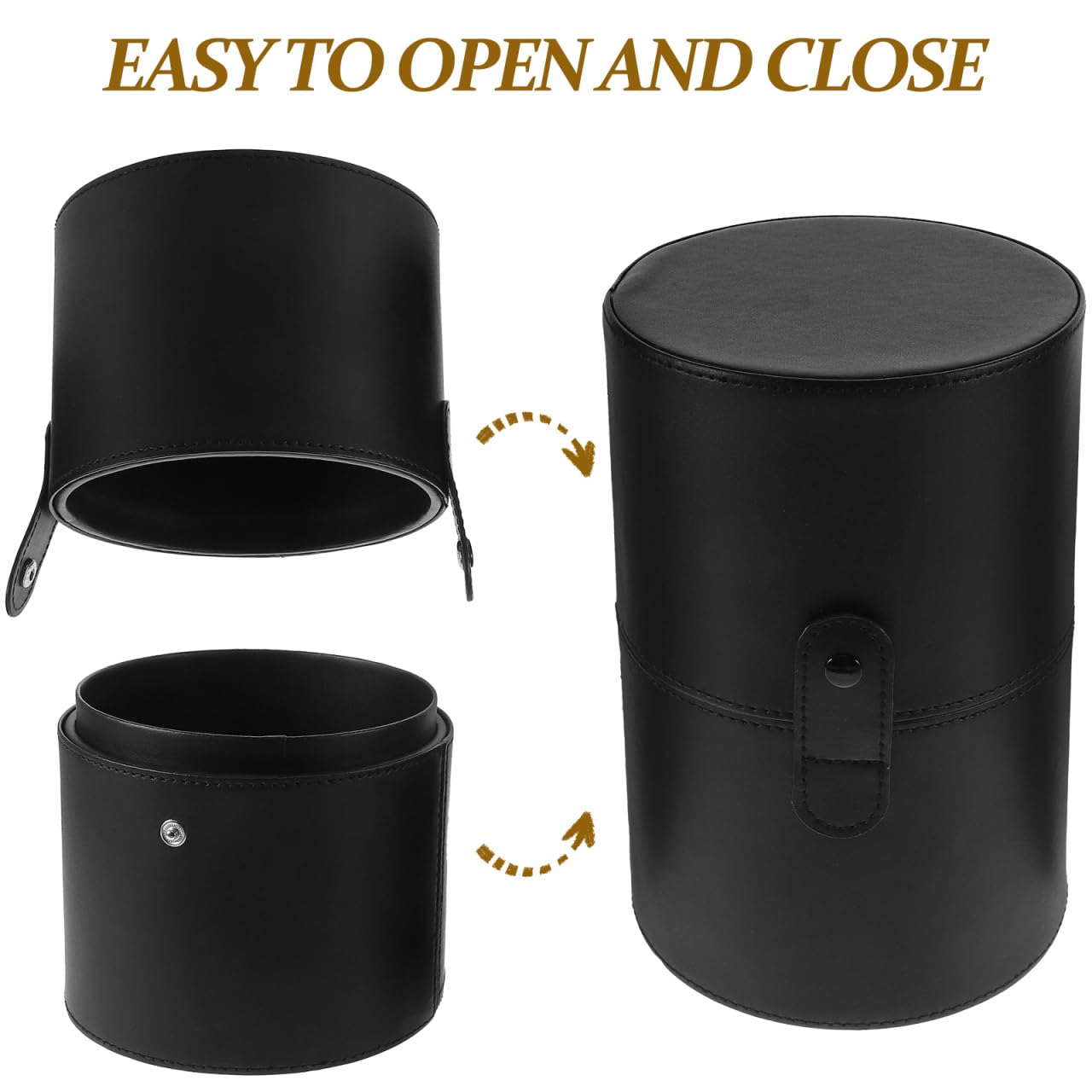 Portable Makeup Brush Holder with Lid - Elegant Pu Leather Makeup Bag Black Brush Organizer for Travel Compact Storage Bucket with Buckle Protective Lid, Easy to Clean, 7.9in X 5.19in