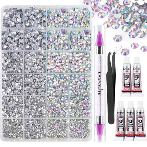 Canvalite 25000PCS Resin Jelly Rhinestones for Crafting,Clear AB Flatback Gems, Bedazzling Crystal with 5 X 2.5g B7000 Jewelry Glue and Tweezers and Dotting Pen for DIY Crafts Clothing Shoes Nail Art