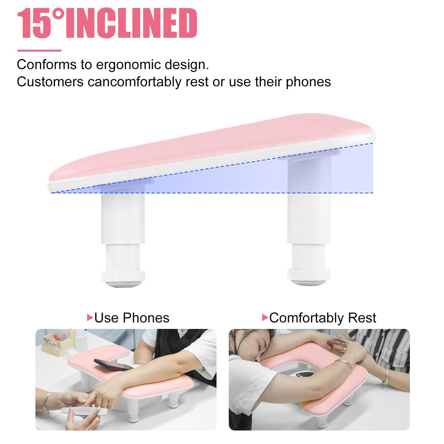 Ruetail Arm Rest for Nails Tech, Adjustable Height Nail Stand Hand Rest, Professional U-Shaped Nail Hand Pillow with 1Pcs Nail Brush, Leather Manicure Rest Stand, Salon Manicurist Essentials (White)