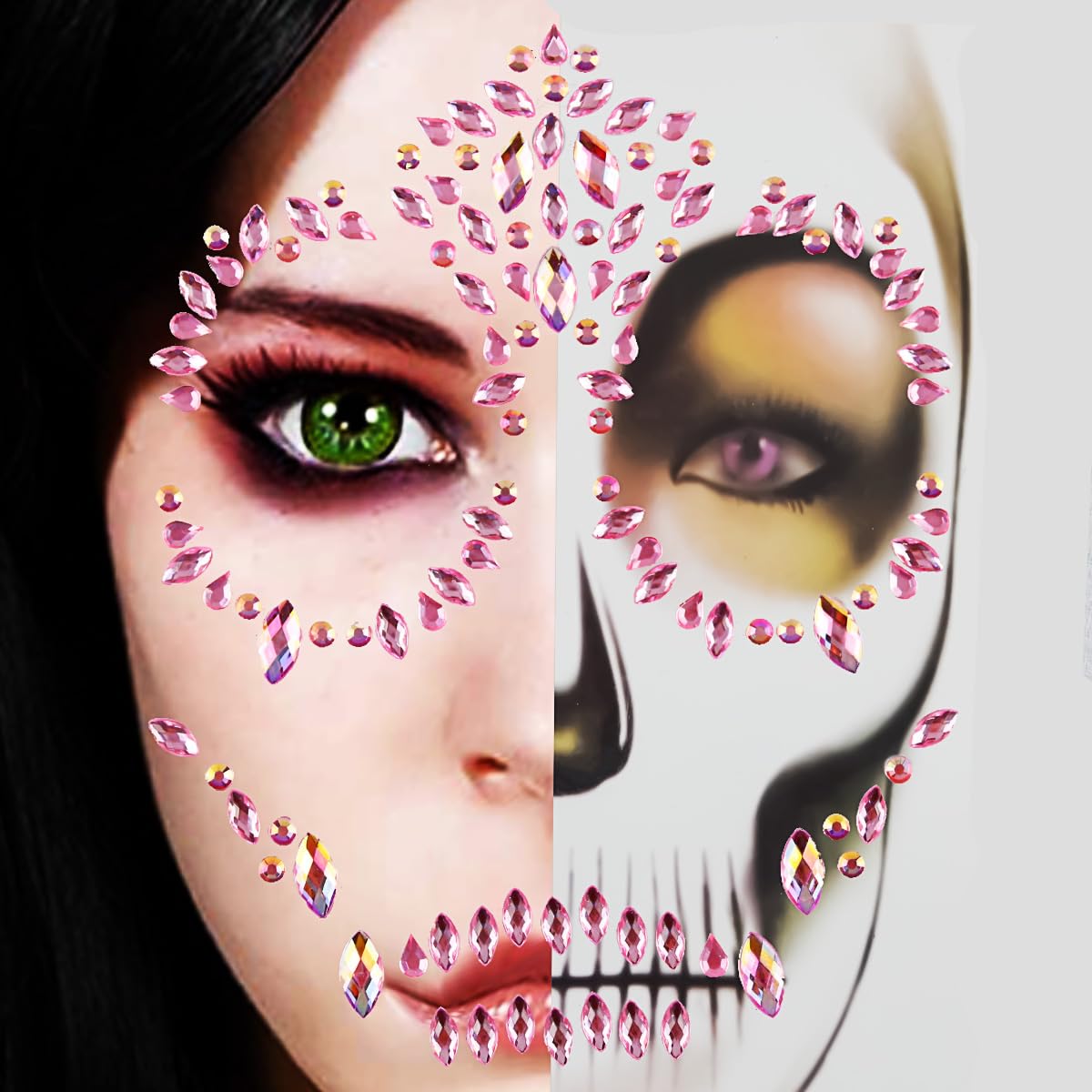Day Of The Dead Skull Pink Face Stickers Gems Jewels Rhinestone Skeleton Gem Face Decal Temporary Tattoo Kit For Halloween Festival Rave Party Outfit Men Women Hollowing Prank Makeup