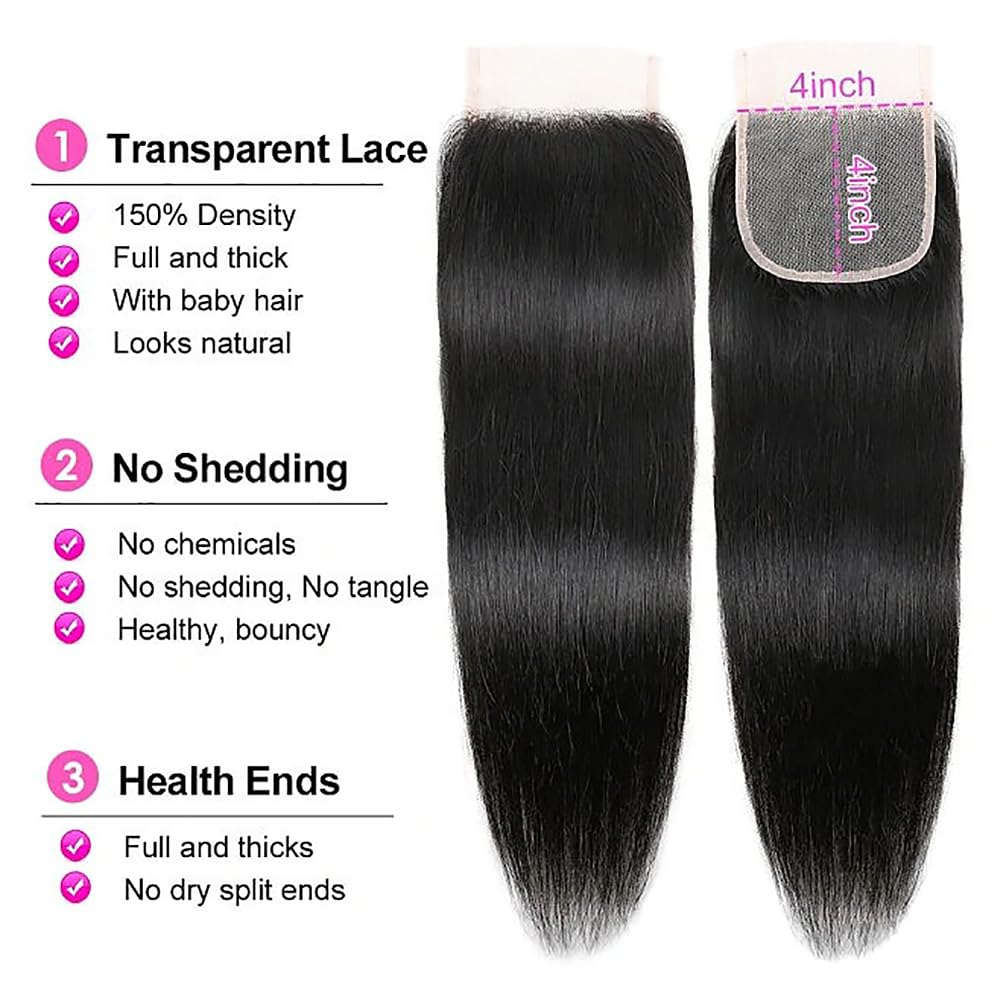 4X4 Straight HD Lace Closure Human Hair Extensions 12A Brazilian Virgin Remy 100% Unprocessed Human Hair Frontal Free Part Closure Only Pre Plucked With Baby Hair Natural Black 16 Inch