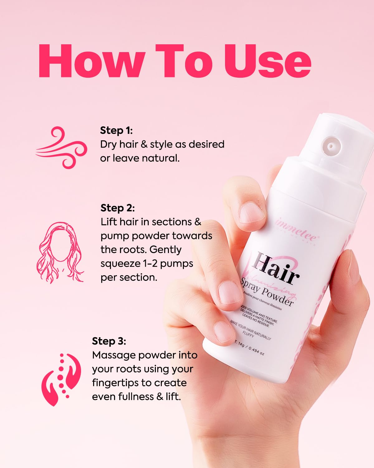 immetee Texture Powder, Volumizing Powder for Hair Volume & Texture, Opaque Effect & Natural Finish, Hair Volume Spray Root Lifting Powders 14g