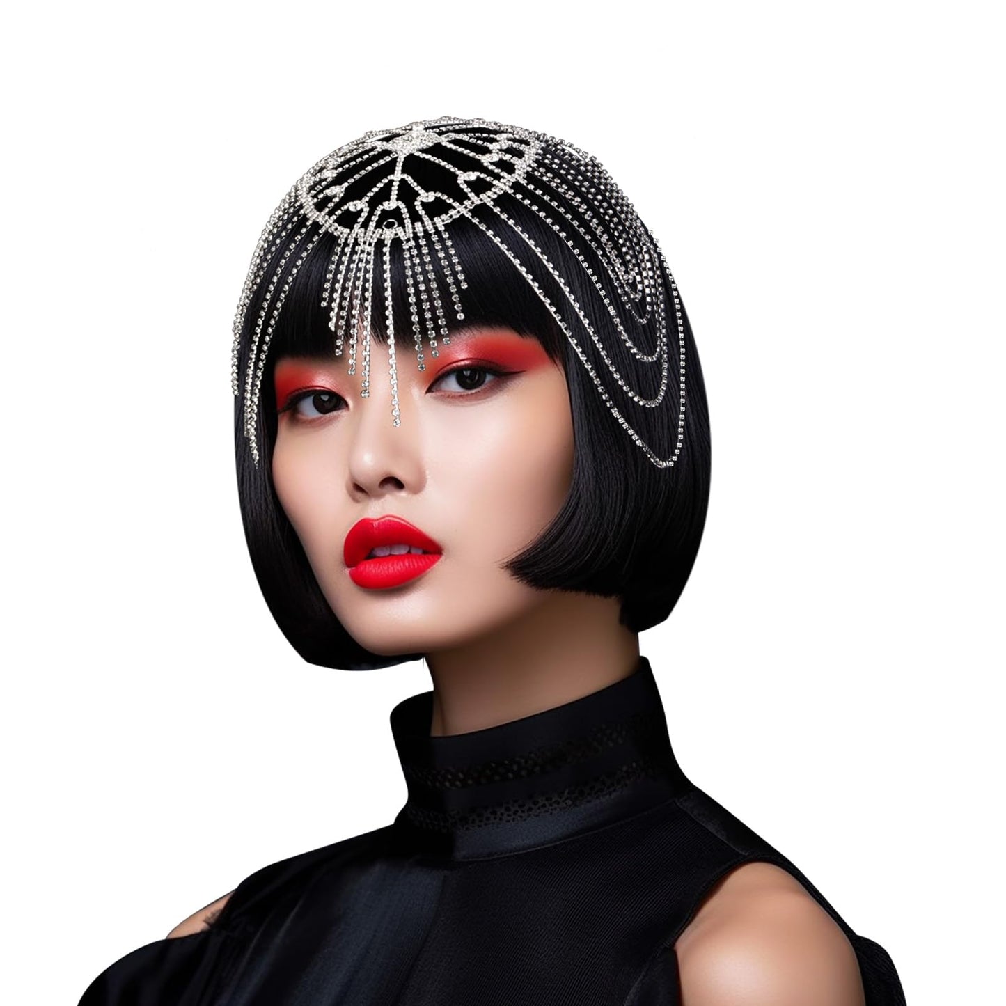 Vijiv 1920s Rhinestone Headpiece for Women Wedding Bride Flapper Beaded Cap Head Chain Jewelry Roaring 20s Great Gatsby Hair Accessoreis for Art Deco Party Silver