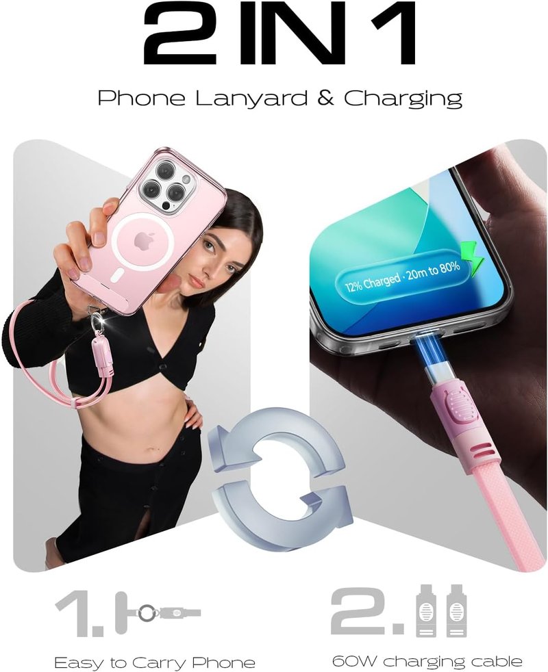 LISEN Phone Lanyard - Anti-Theft Wrist Strap with 60W USB-C Cable | 2-Pack Tether Tabs, Pink