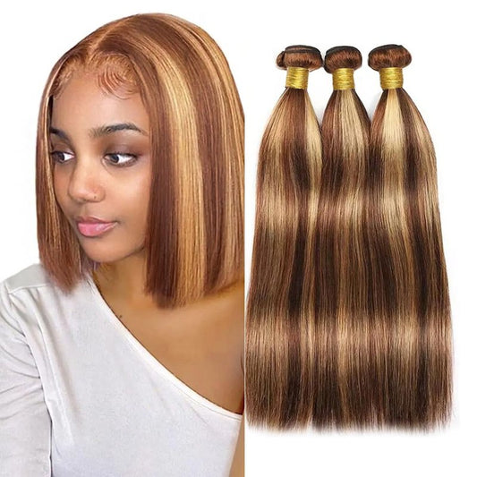 4/27 Human Hair Bundles Ombre Straight Bundles Highlight Bundle 12 14 16 Inch Double Weft Unprocessed Brazilian Virgin Remy Hair Extensions Healthy And Soft 3Pcs/Set Deals